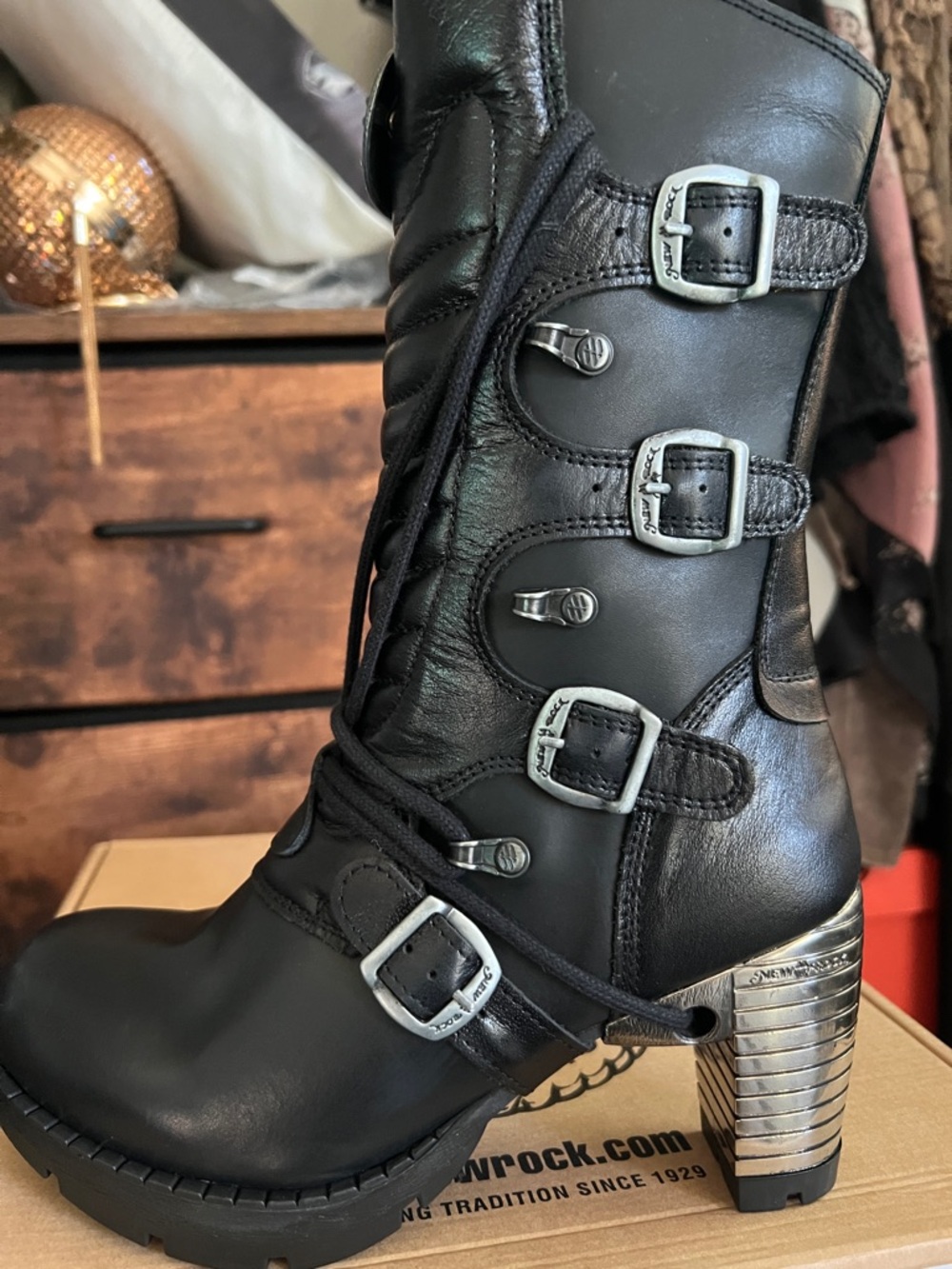 NWT New Rock Black Leather Women's heeled Boots